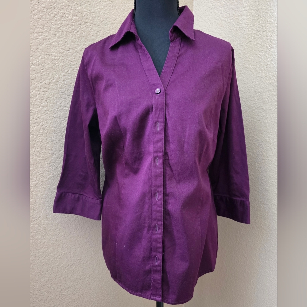 212 Collection Deep‎ Purple Button Down 3 Quarter Sleeve Work Casual Size Medium